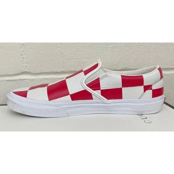 Vans Leather Red White Check Classic Slip-On Shoes Mens 13 New Fast Ship - Picture 7 of 12